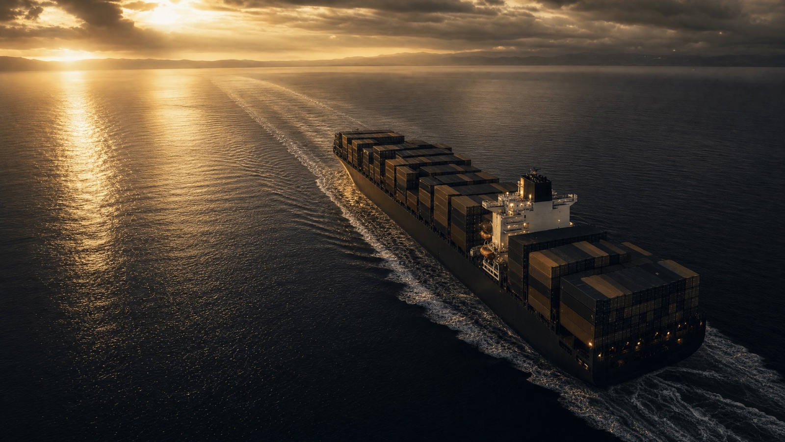 A container ship moving freight across open water at sunset