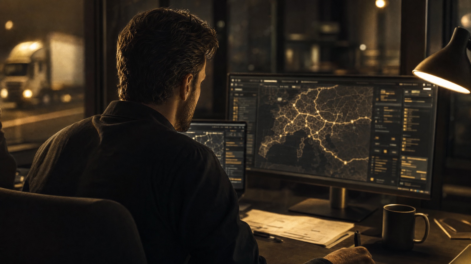 A logistics coordinator working at a desk with a route map on screen