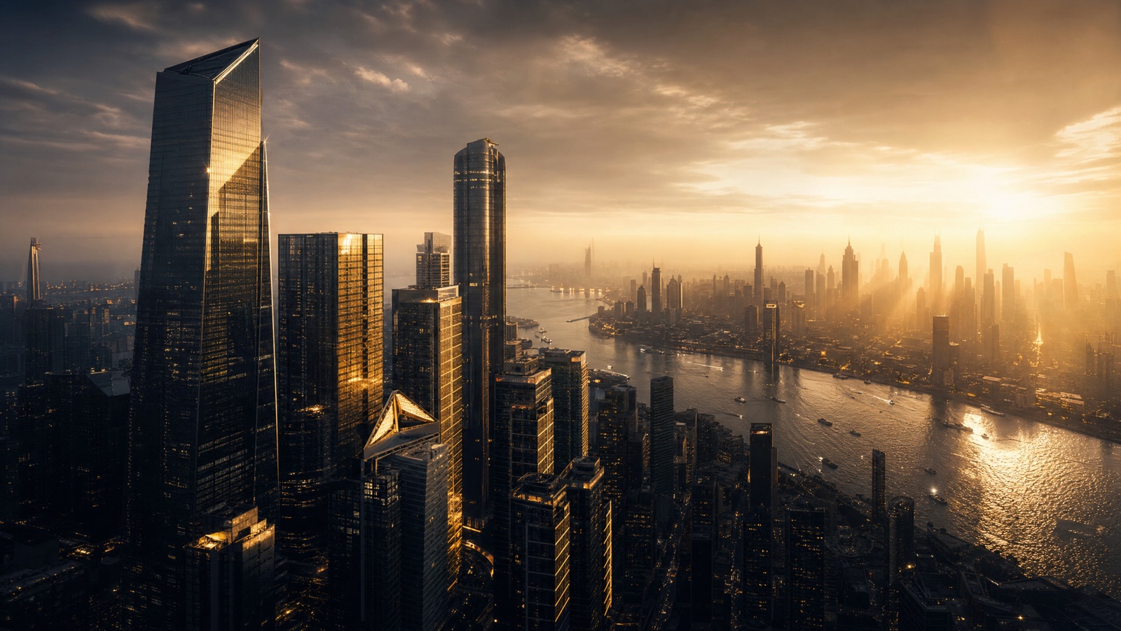 A modern city skyline at golden hour, business moving forward